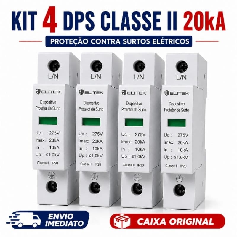 Kit 4 DPS 20kA 275V Classe II Dispositivo Protetor de Surto 1P Trilho DIN