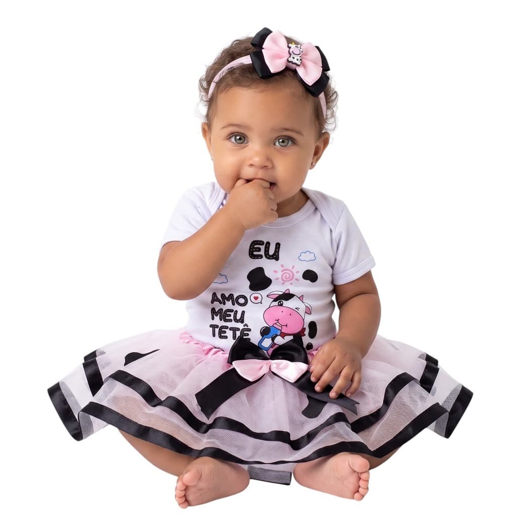 Body Bebe Vaquinha AMO TETE + Saia Tule + Laço - Mesversario - Temático