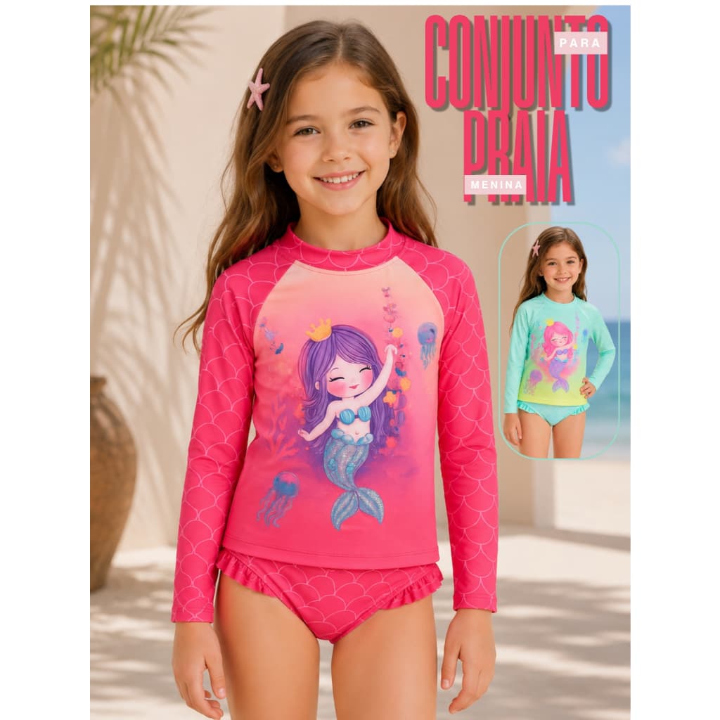 Biquini Conjunto Praia Menina Manga Longa UV 50+ 2 Peças Proteção Solar