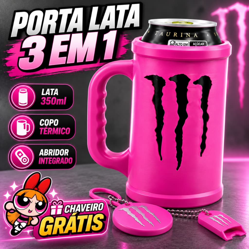 Kit Acessório para Lata Monster com Porta Lata Tampa Protetora e Abridor 3 em 1