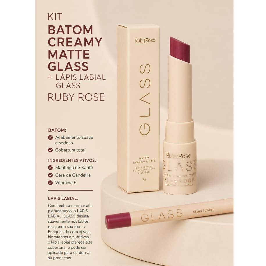 Kit Batom Creamy Matte Glass + Lápis Labial  Glass Ruby Rose