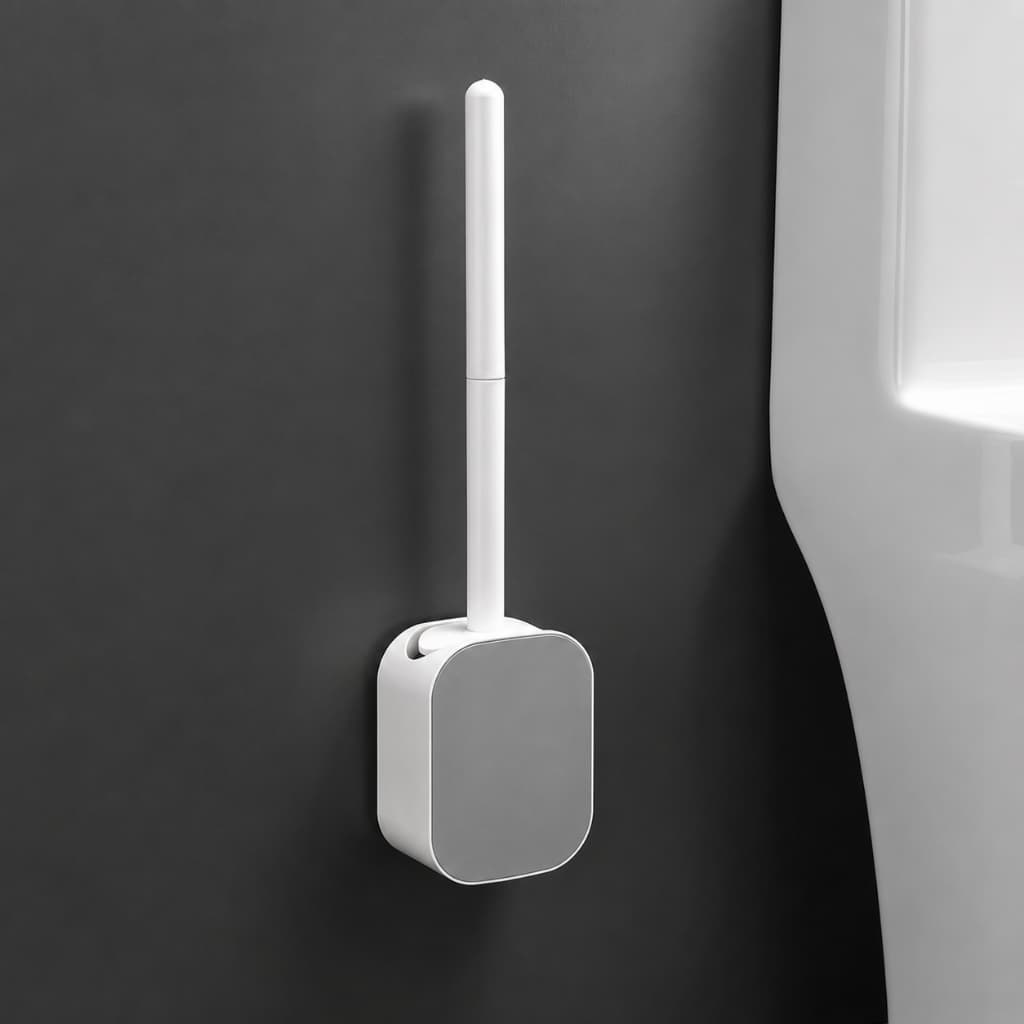 Escova Sanitária Silicone com Suporte Parede ou Chão Cinza Branco