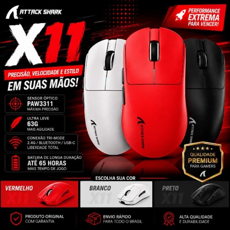 Mouse Gamer X11 Attack Shark Tri Mode 22000dpi Paw3311 Dock