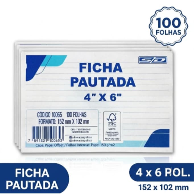 Ficha Pautada 4x6 100 Folhas 150g Flashcards Resumos Estudos Revisão Escolar