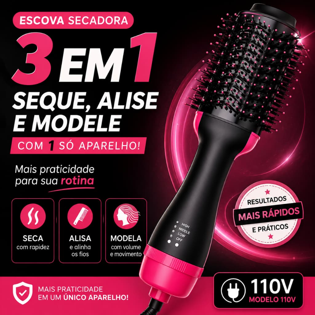 Escova Rosa Secadora Alisadora 3 em 1 alisa e seca - 110v