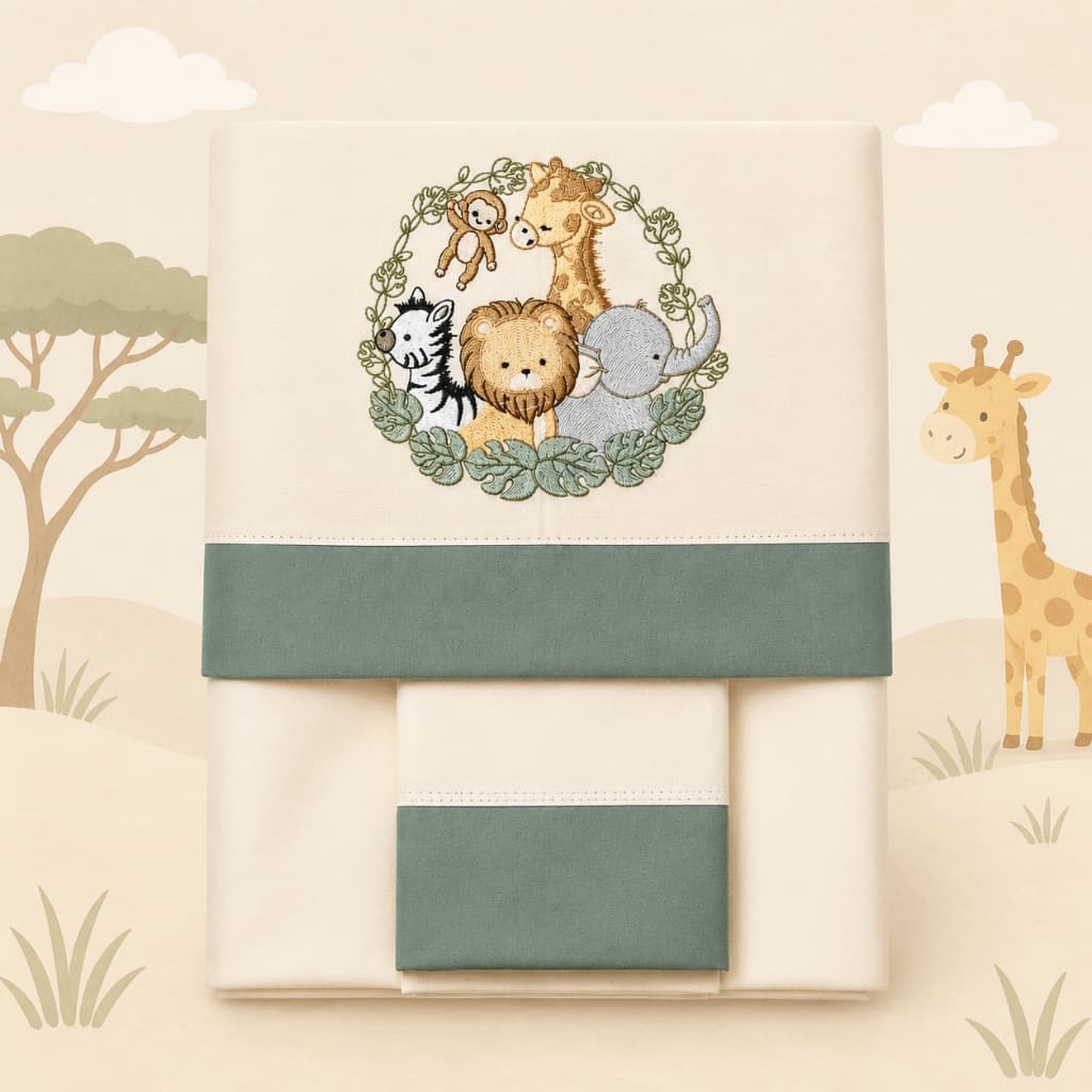 Jogo Lençol Berço Americano com Elástico Luxo Linho 3 Peças 100% Algodão Safari Bichinhos Verde