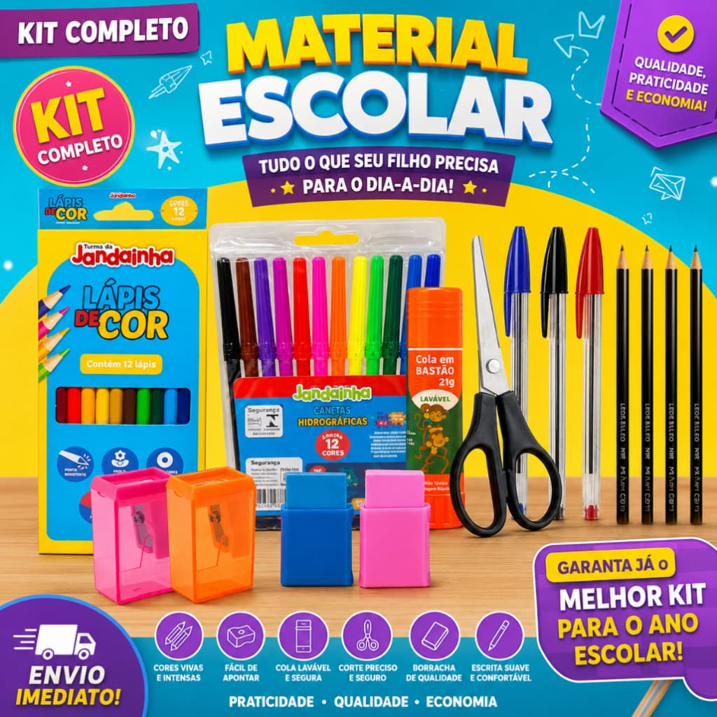 Kit Material Escolar Volta ás aulas Essencial dia-a-dia Ensino Médio Fundamental Feminino/Masculino