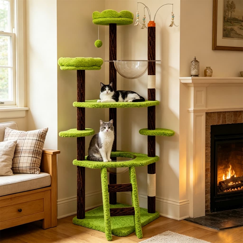 Árvore Arranhador para Gatos com Casinha Cama Superior Brinquedo e Bolinhas Interativas