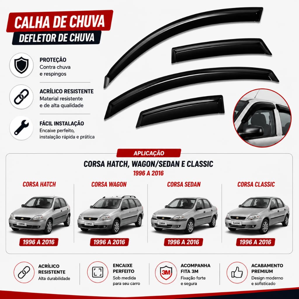 Calha de Chuva Corsa Hatch Sedan Wagon Classic 1996 a 2016 4 Portas Fumê Acrílico Premium