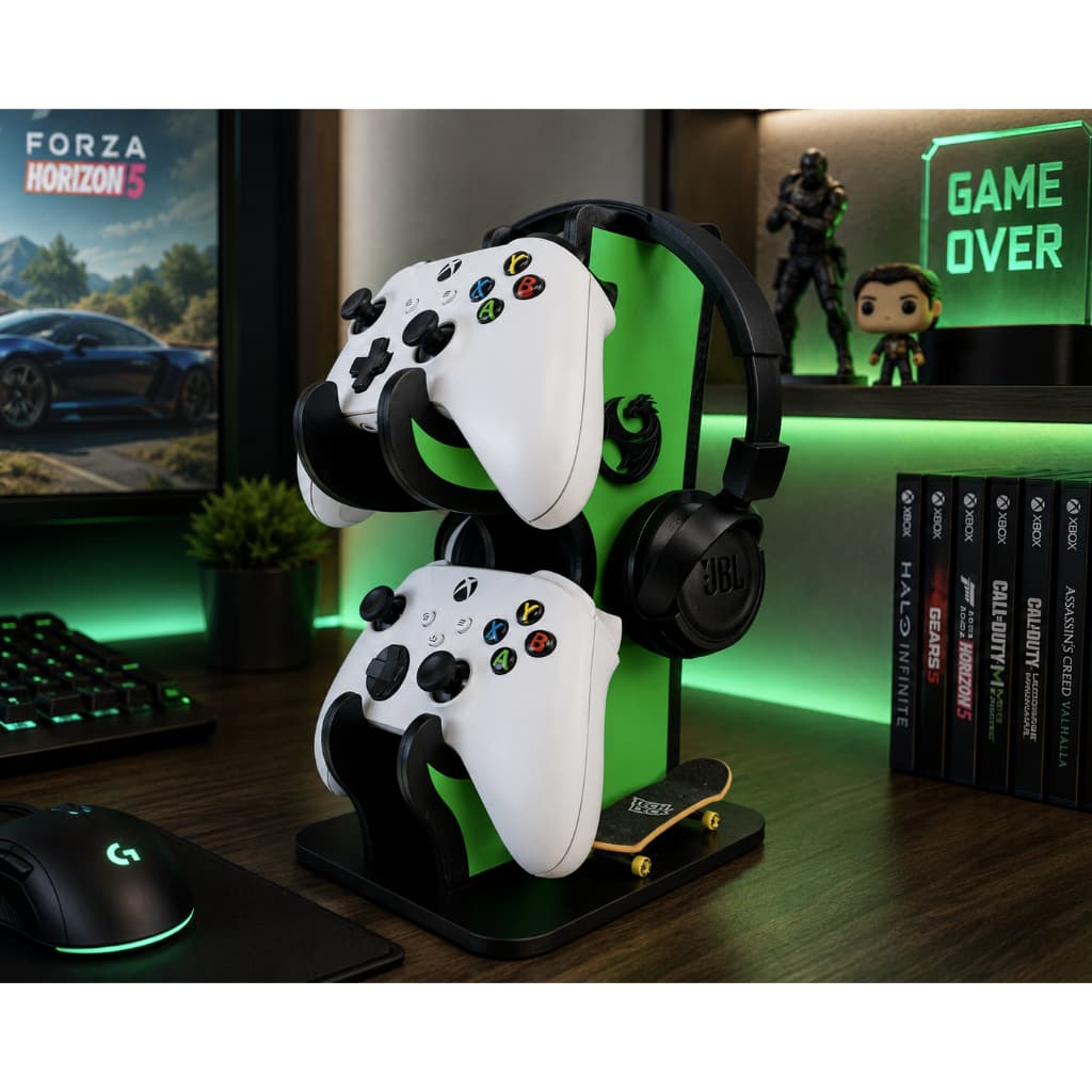 Suporte Gamer para Controle e Headset MDF Organizador de Mesa PS5 PS4 Xbox One Series X/S Verde