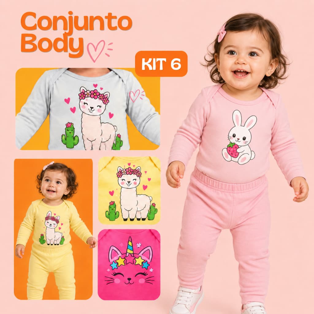 Kit 6 Peças 3 Body + 3 Calça Conjunto Body Bebê Menina Manga Longa + Calça Infantil Algodão Estampado