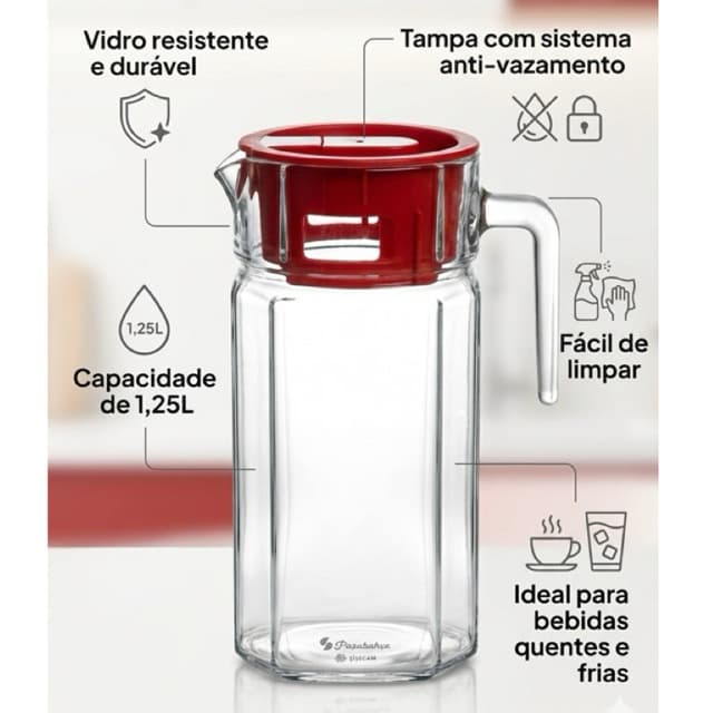 Jarra de Vidro 1,25L com Tampa Jarra para Suco Água Resistente