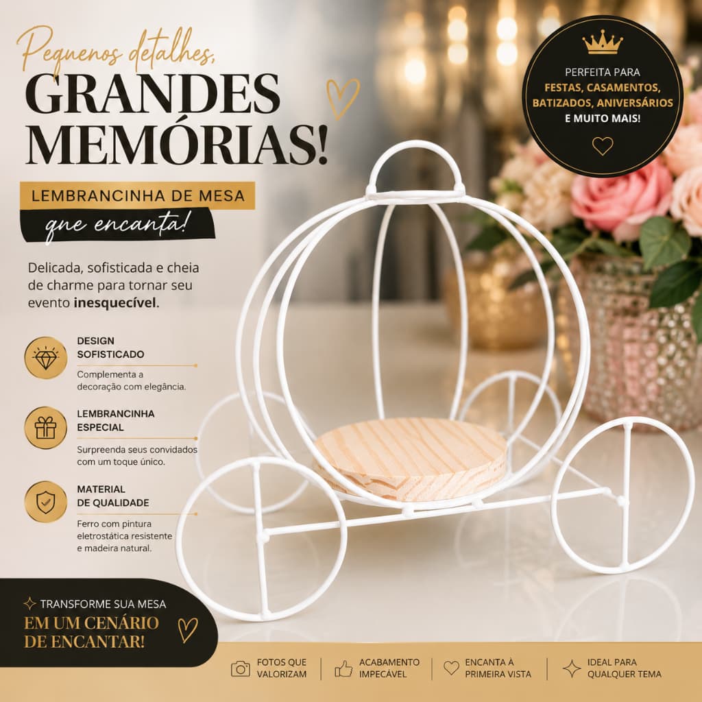 Lembrancinha Decorativa Mini Carruagem Centro Mesa Festa Aniversário Princesas Cinderela Ferro Pinus