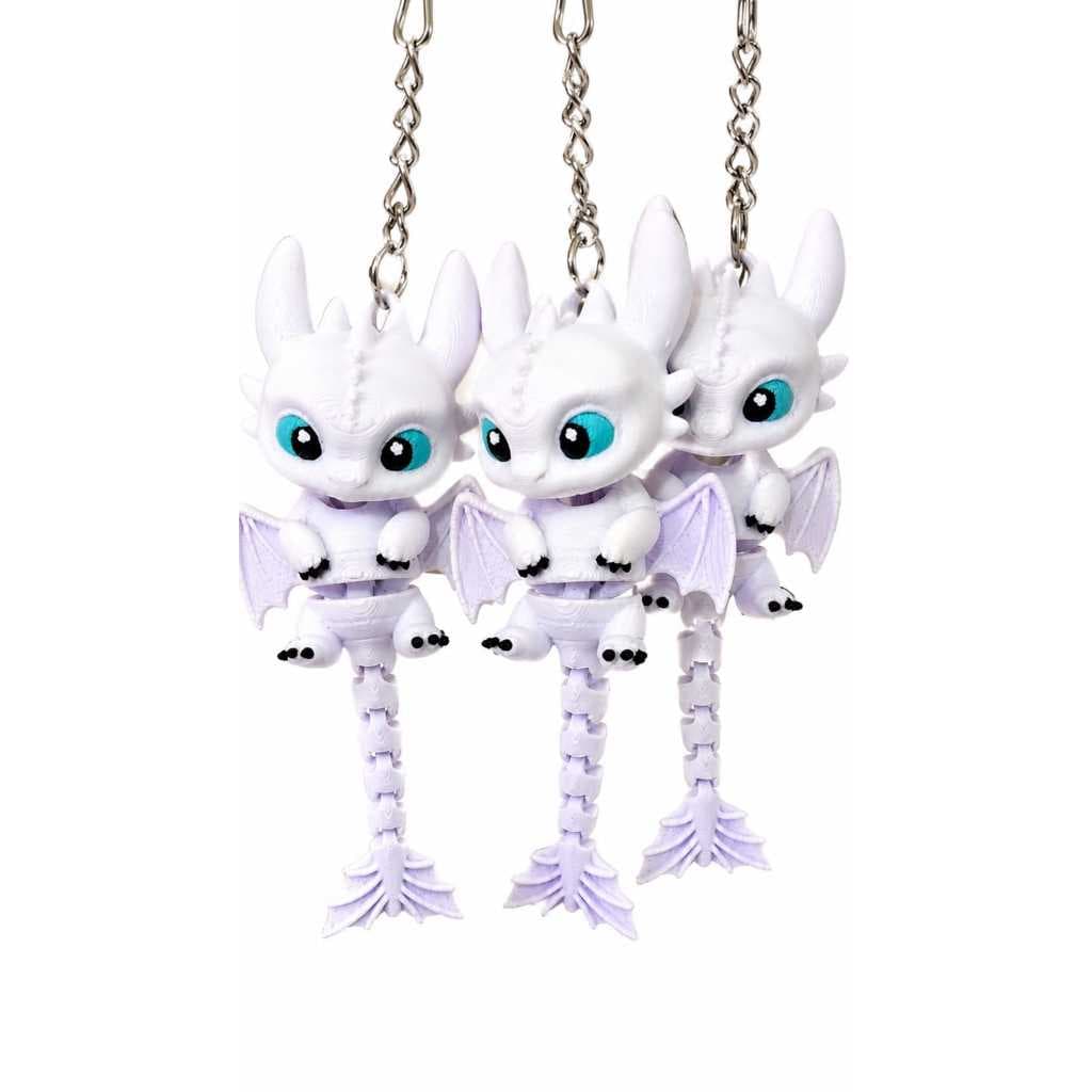 Chaveiro Fúria da Luz Articulado 3D | Dragão Branco Impressão 3D | Boneco Flexível | Presente Criativo