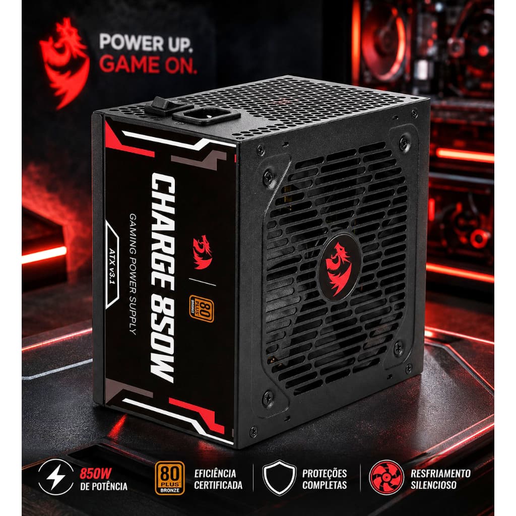 Fonte 850W Redragon Charge, ATX 3.1, 80 Plus Bronze, Preto, FRC-850