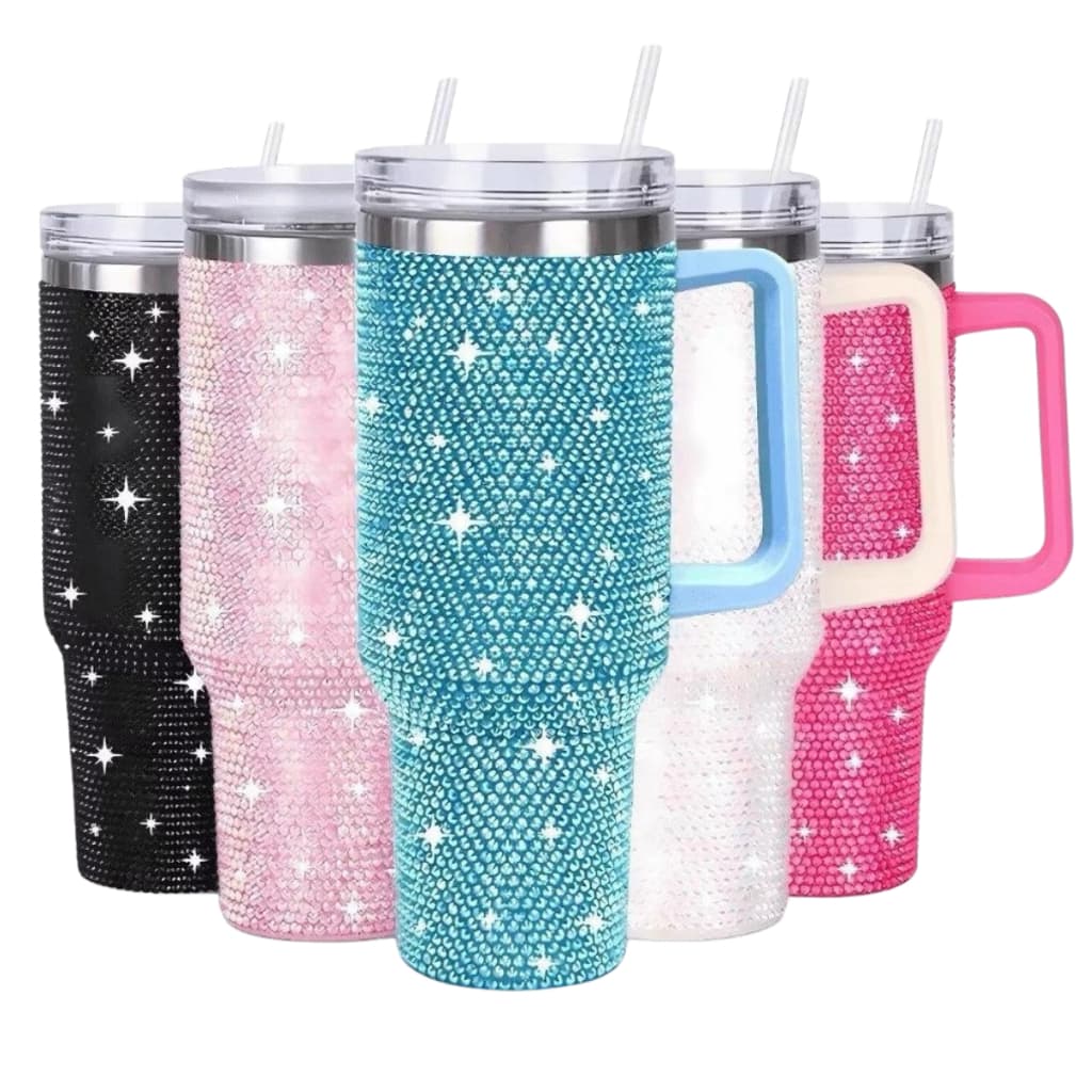 Super Novidade! Copo Térmico 1200ml Com Strass Brilhante Com Alça Tampa E Canudo de Plastico