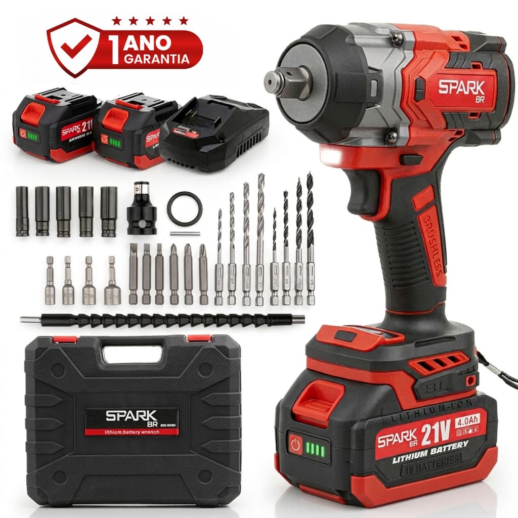 Chave de Impacto Profissional 3 em 1 Furadeira Parafusadeira Brushless 2 Baterias 21V Maleta Acessórios Spark Br