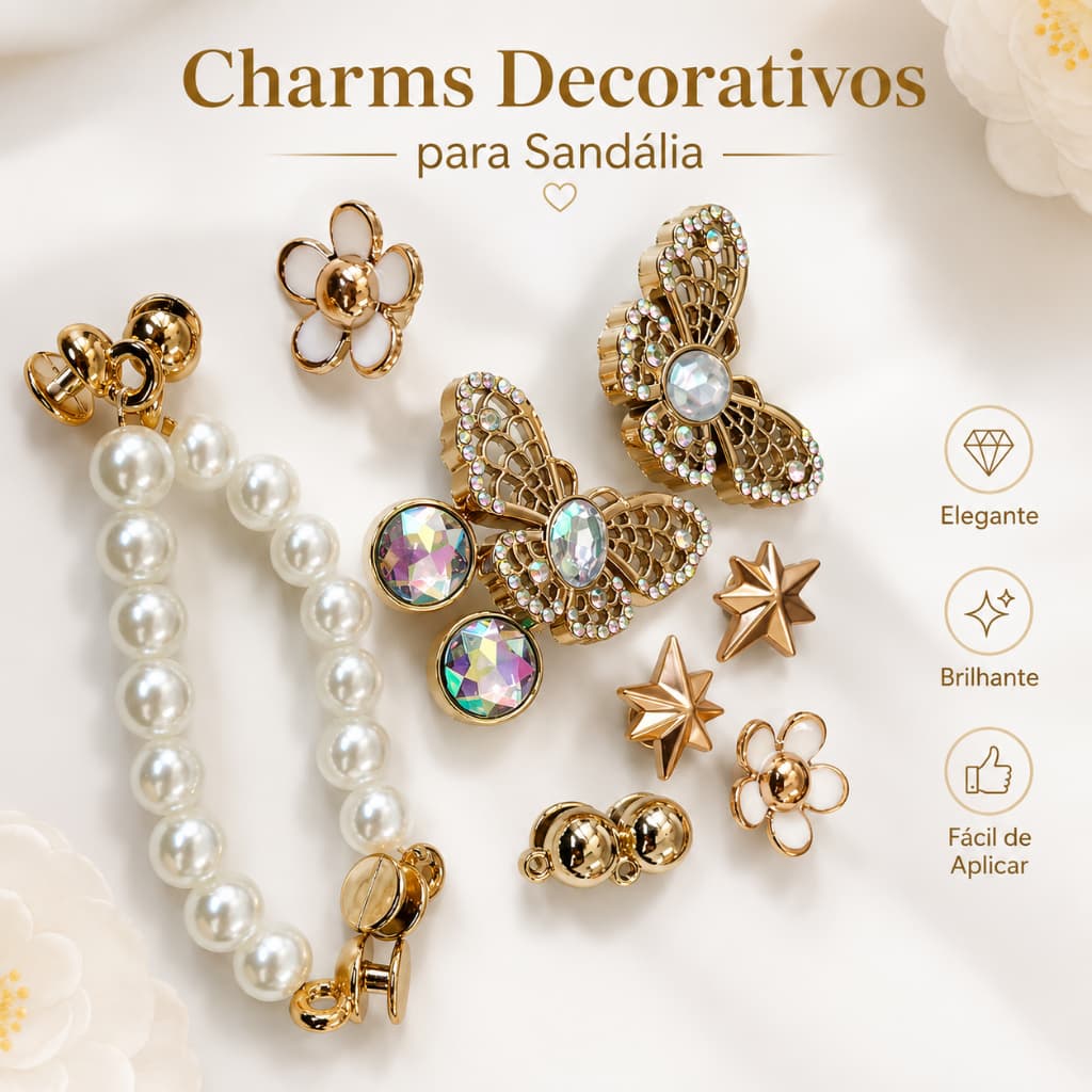 Kit de Enfeites para Sandália Babuche com Borboletas, Flores, Estrelas, Pérolas e Strass para Personalizar Calçados