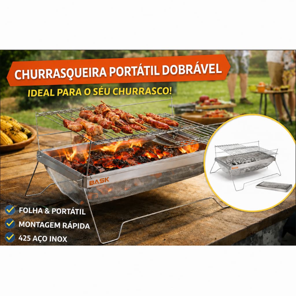 Churrasqueira Portátil Bask Aço Inox Carvão Grelha Ajustável Camping Piquenique Praia Acampamento Grelhar