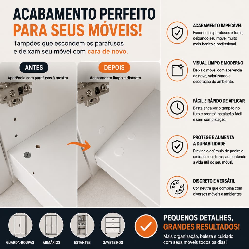 Kit 4 Tampões para Furos Armário | Protetores de Furos para Acabamento de Móveis Branco