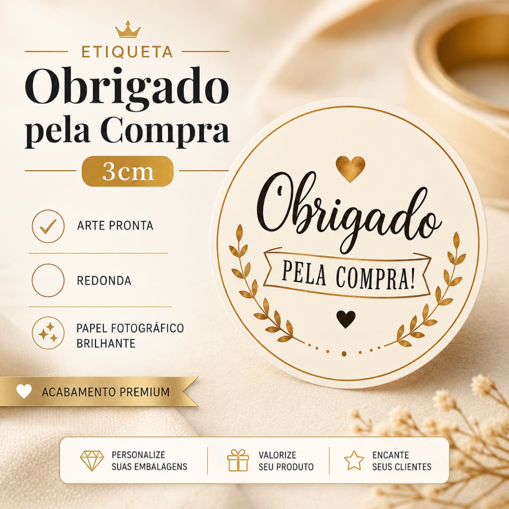 Etiqueta Adesiva “Obrigado pela Compra” 3cm Redonda – Papel Fotográfico para Embalagens e Pedidos