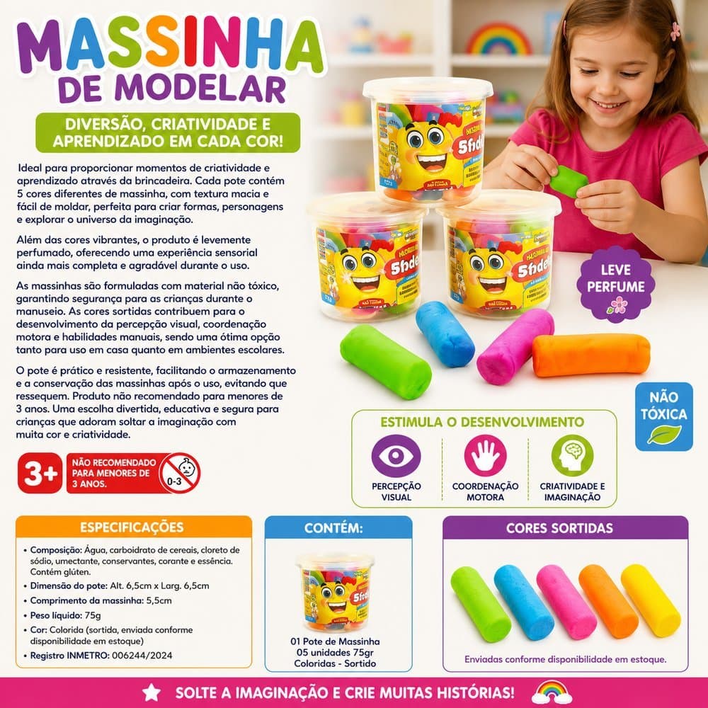 01 Pote de Massinha 05 unidades 75gr Coloridas - Sortido