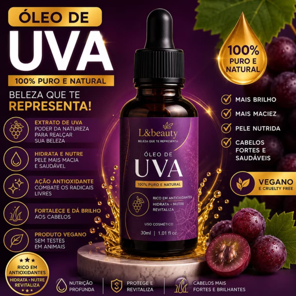 Óleo de Uva 30ml para Cabelos - Umectação e Cuidado Capilar - L&BEAUTY