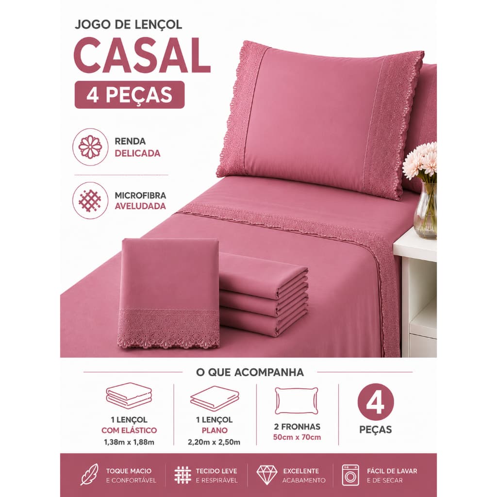 Jogo de Lençol Casal 4 Peças com Renda Microfibra Aveludada Toque Macio La Dotta Cobre Leito e Fronhas