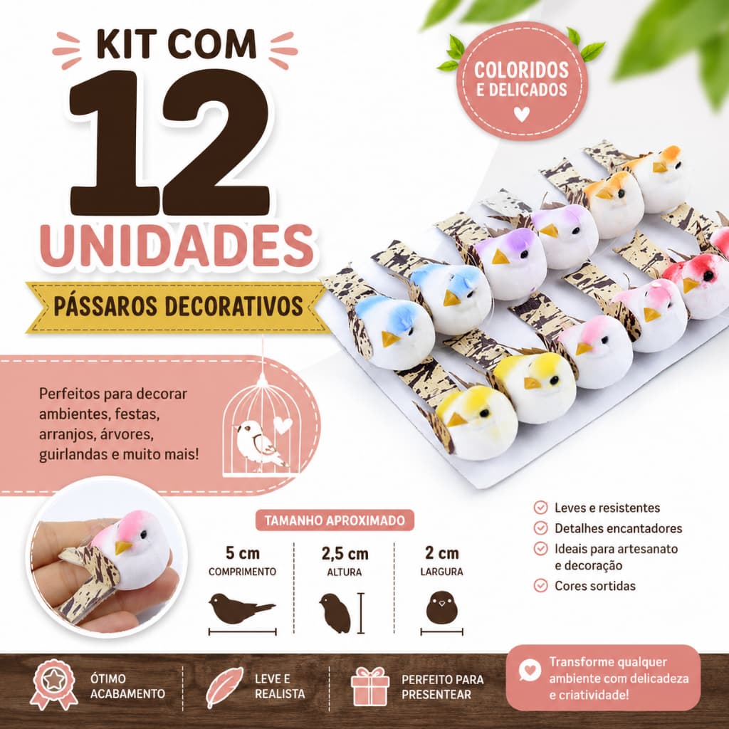 Kit com 12 Pássaros Decorativos Coloridos 5cm – Enfeite para Árvore, Artesanato, Guirlandas e Decoração