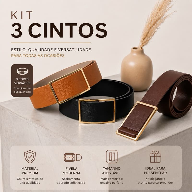KIT 3 CINTO LARGO FEMININO COM  VELCRO FIVELA METALIZADA 5 CM