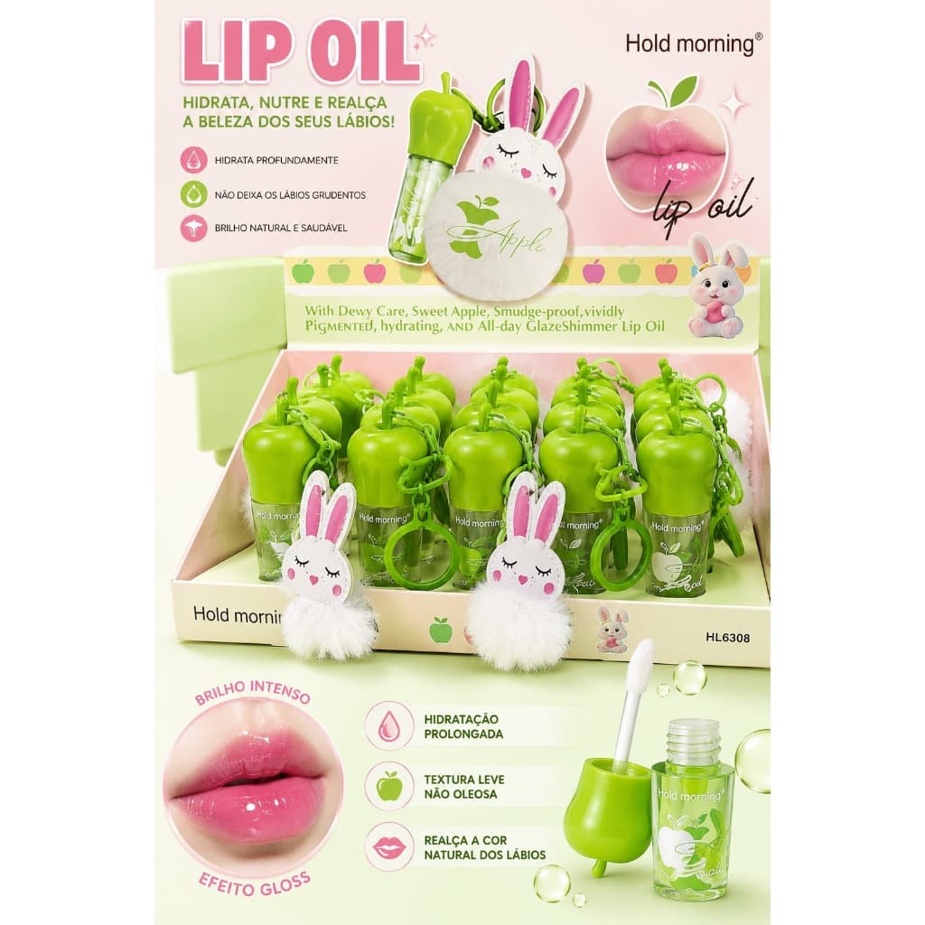 Lip Oil Maçã Hold Morning Chaveiro Coelho Pompom Hidratante Labial Efeito Gloss