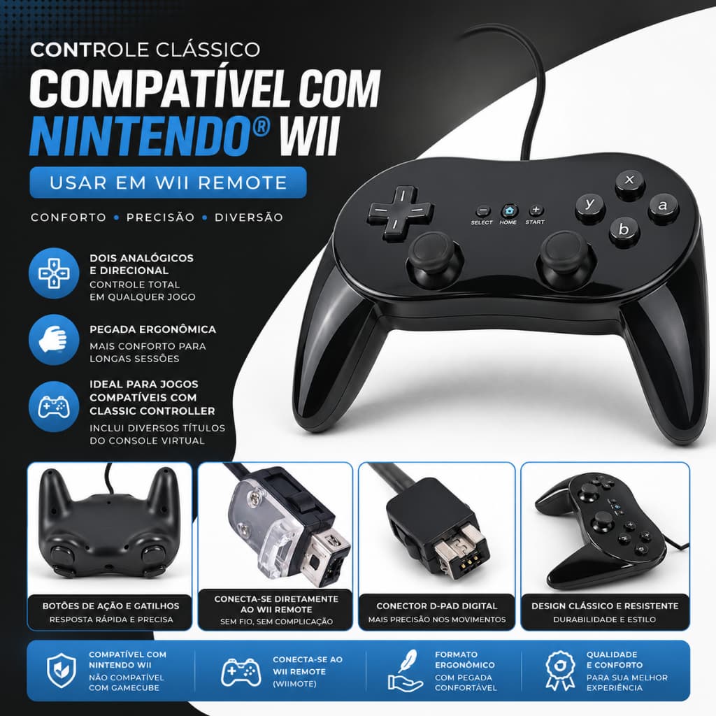 Controle clássico (preto) compatível com Nintendo® Wii (usar em Wii Remote) dispensa uso de barra