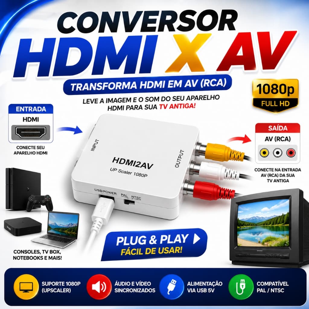 Adaptador Conversor HDMI x RCA AV HDMI2AV Video Composto Game Notebook x TV Antiga