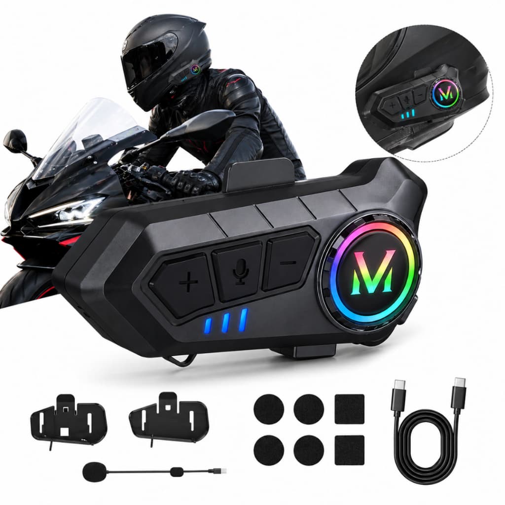 Fone tipo Intercomunicador Moto Capacete Tipo V6 Bluetooth Moto Y10 RGB LED Assistente de Voz Músicas Alta Qualidade