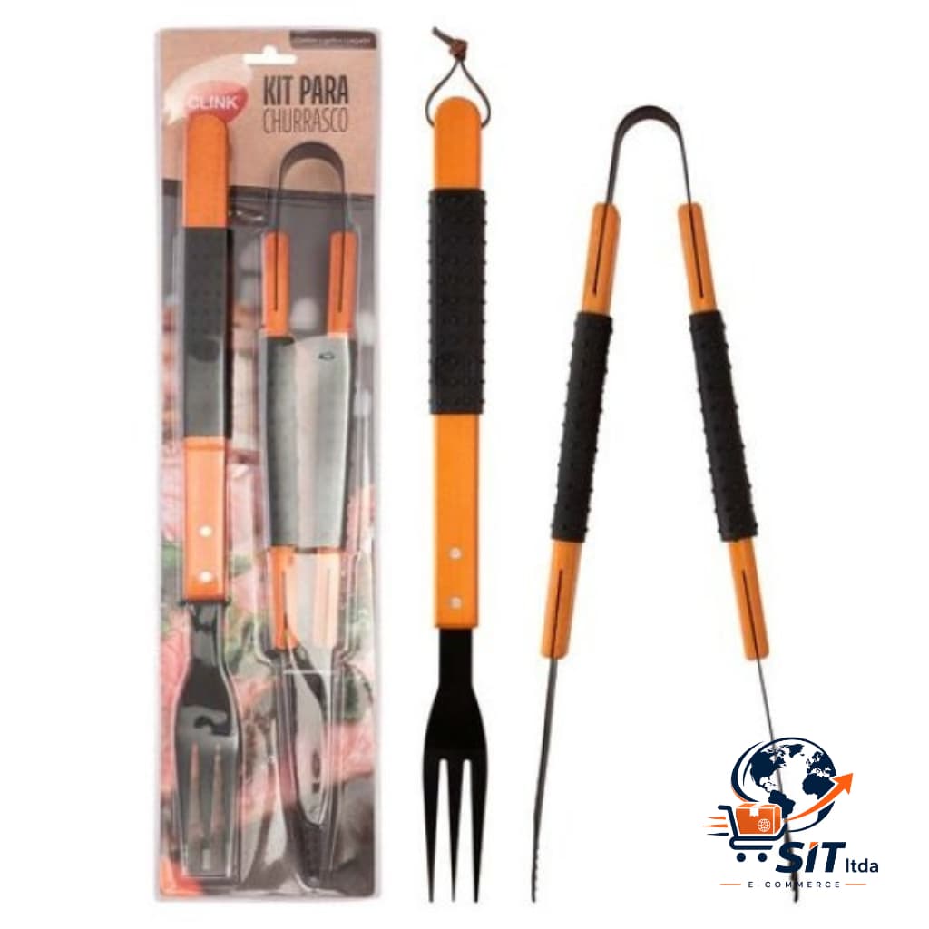 Kit Churrasco 2 Pcs Aco Inox, Plastico E Madeira 50,5 Cm X 10 Cm X 1,4 Cm Barbecue Pegador