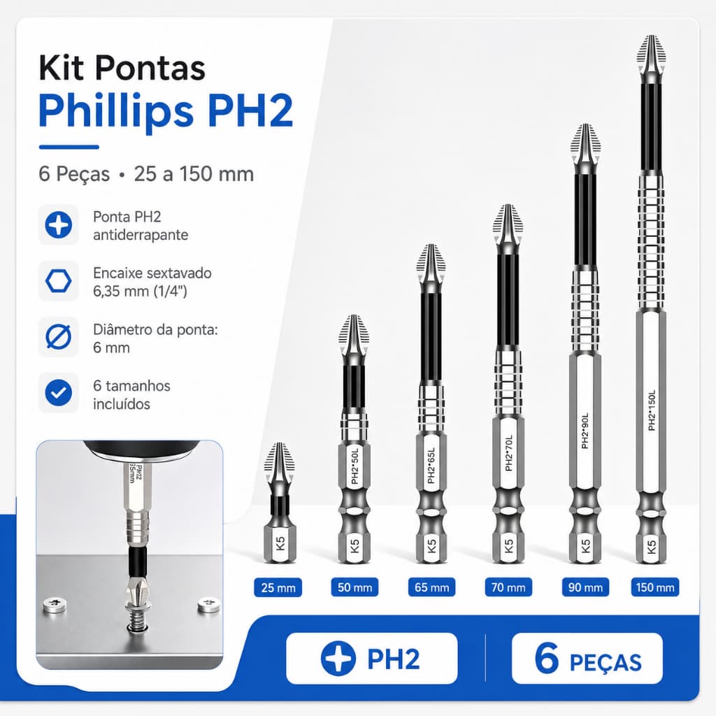 Jogo de Bits Phillips PH2 6 Peças para Furadeira e Parafusadeira 25 50 65 70 90 150 mm