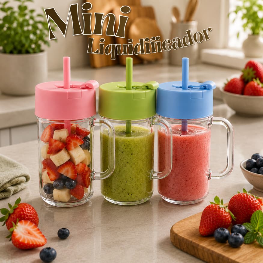 Mini Liquidificador USB Portátil 6 Lâmina c/ Canudo de Silicone e Trava de Segurança 340ML