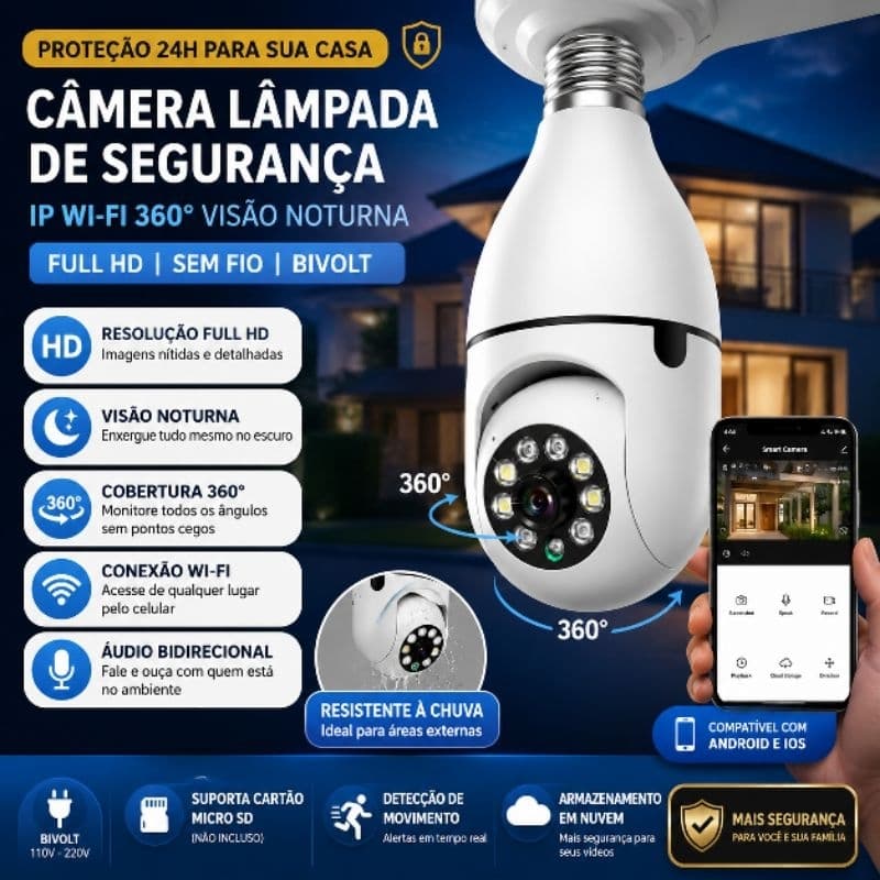 Câmera Lâmpada de Segurança Vigilância IP Wi-Fi 360° Visão Noturna Sem Fio  FullHD Bivolt
