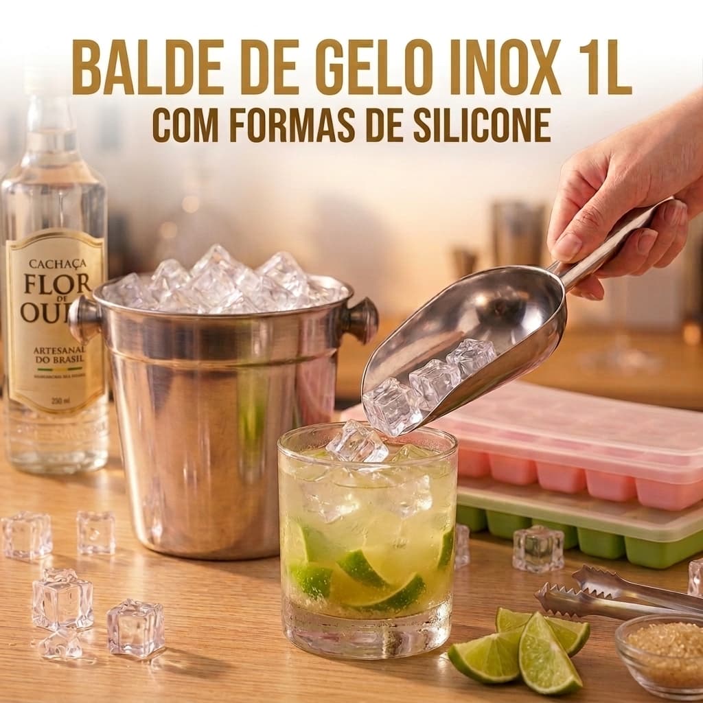 Kit Balde De Gelo Inox 1L + 2 Formas De Gelo Silicone com Tampa + Pegadores de Gelo