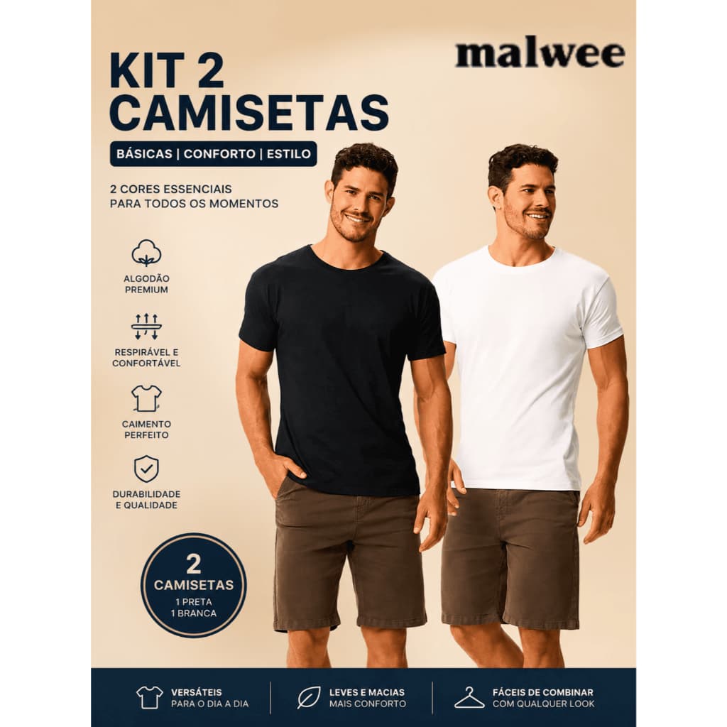 Kit 2 Camisetas Malwee Original Masculina Decote Redondo Em Algodão