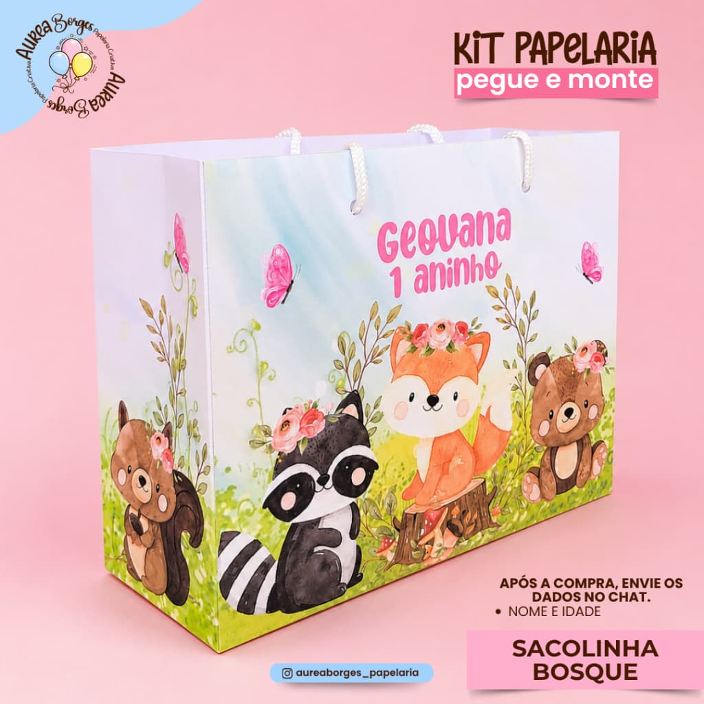 Sacolinha Personalizada Bosque Papel Offset 180g 15x19,5x7cm Festa Infantil