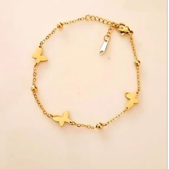 Pulseira Corrente com Bolinhas e Borboletas em Aço Inoxidável.