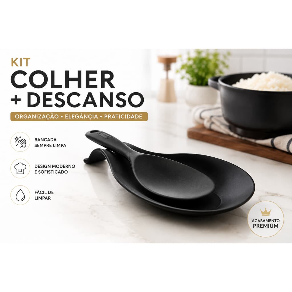 Kit Colher de Arroz Silicone + Descanso de Colher 2 Peças para Cozinha Antiaderente