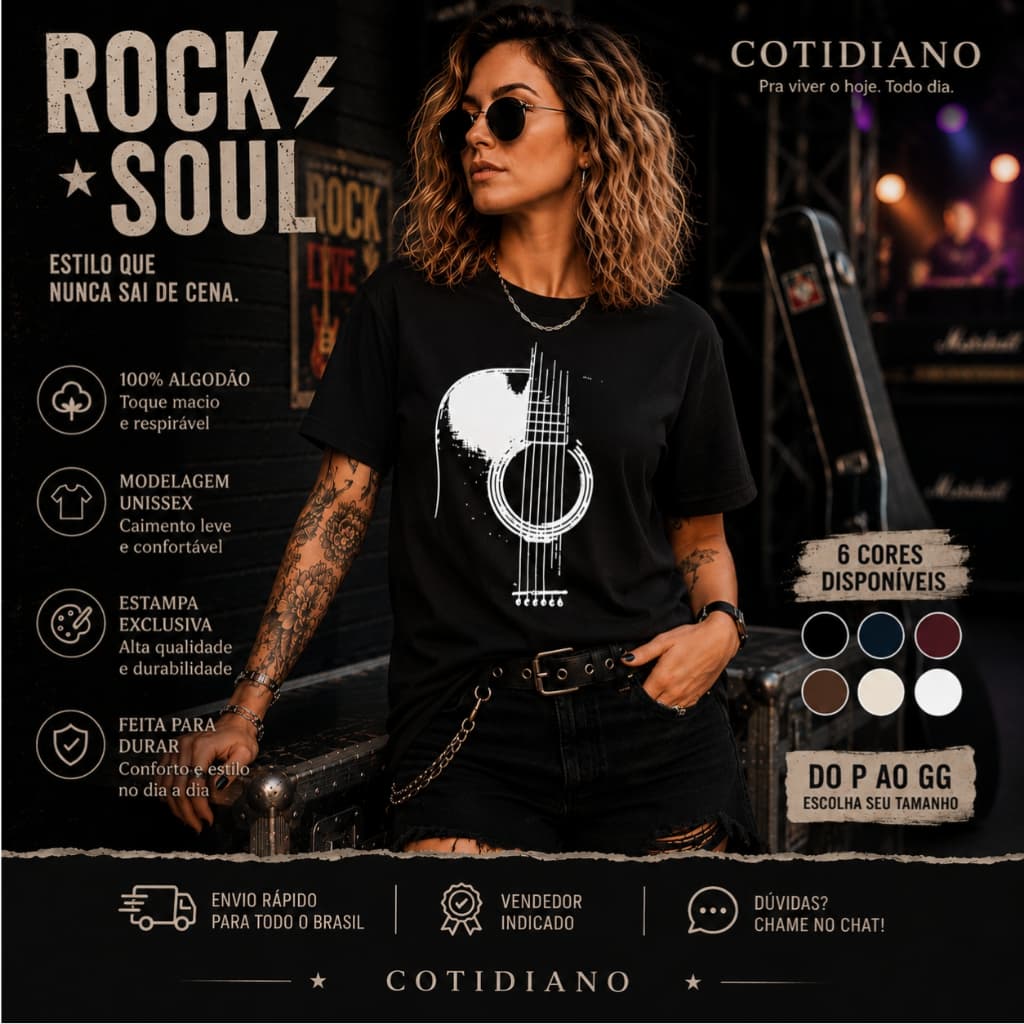 Camiseta Feminina Violão Rock 100% Algodão Música Camisa Unissex Minimalista Acústico  Casual Premium