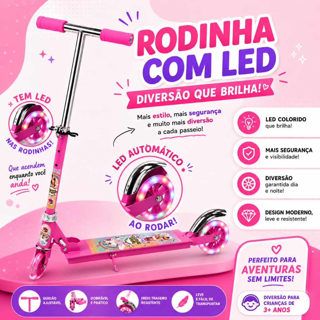 Patinete Infantil Radical 2 Rodas com LED Dobrável Guidão Ajustável Freio Traseiro Até 30kg Menina Rosa