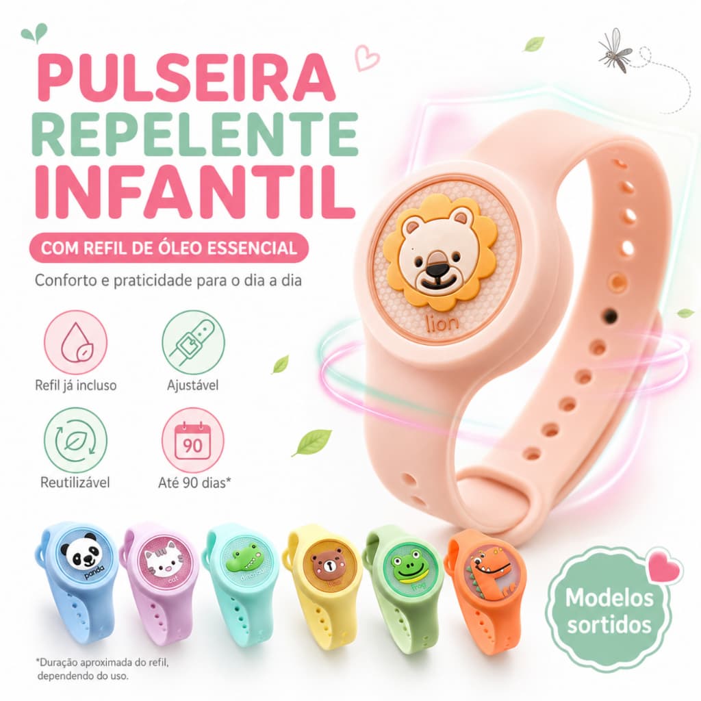 Pulseira Repelente Infantil e Adulto Ajustável Reutilizável Proteção Natural Contra Mosquitos