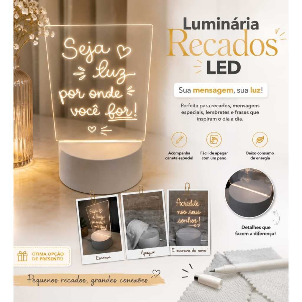 Luminária Led 3D Abajur de Mesa com Tela pra Escrever e Apagar Caneta Decoração Quarto Sala Comercio Presente Romântico