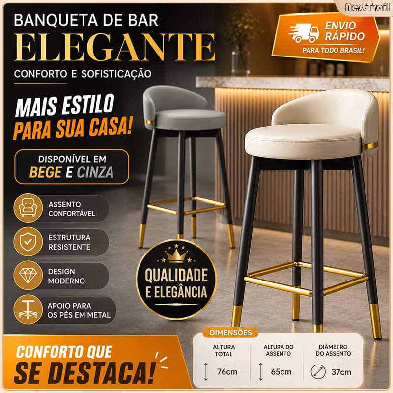 Banqueta de Bar 76 cm com Encosto, Assento Estofado, Apoio para Pés e Estrutura Metálica Preta e Dourada