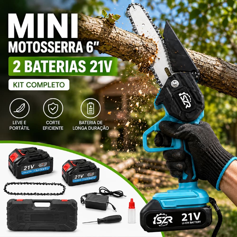 800W Mini Motosserra com 2 Baterias - 6 Polegadas para Poda e Jardinagem Portátil