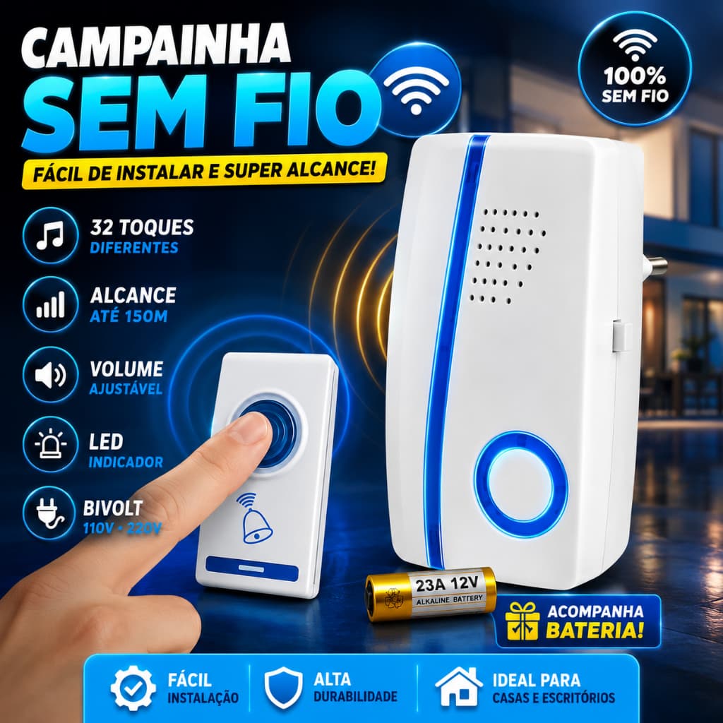 Campainha Sem Fio Wireless Bivolt Longo Alcance Fácil Instalação